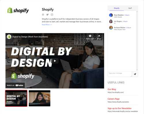 The Shopify virtual page including videos about how Shopify works, a chat function to let people interact with Shopify and some useful links.